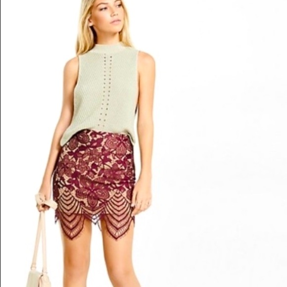 Express Burgundy Lace Overlay Skirt - Picture 2 of 9